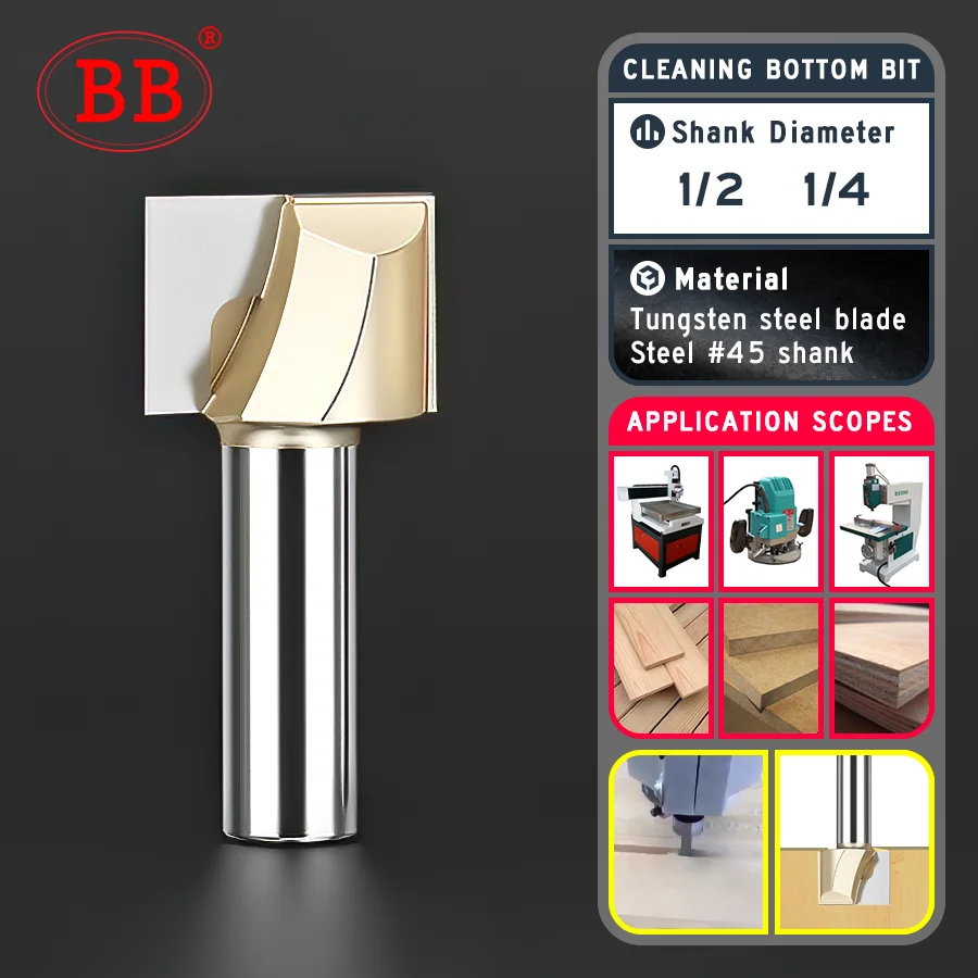 BB Router Bit Cleaning Bottom Straight Flute Engraving Groove Slot End Milling Cutter 1/4 1/2 6 8 Shank Wood Acrylic CNC Tools