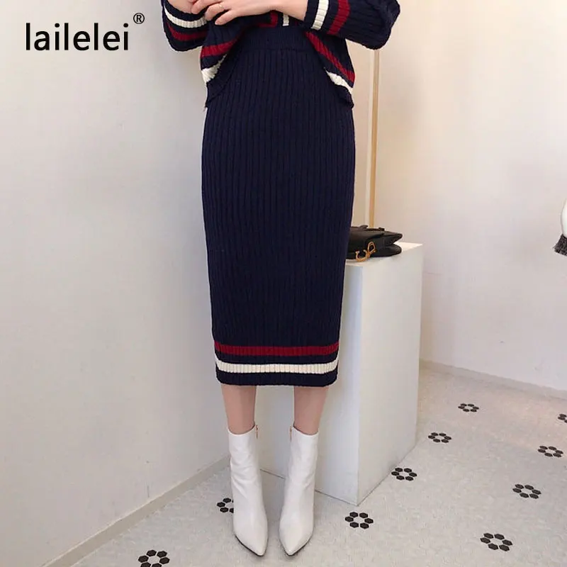 Chic bump color stripe edge v-neck knitting cardigan skirts two-piece outfit