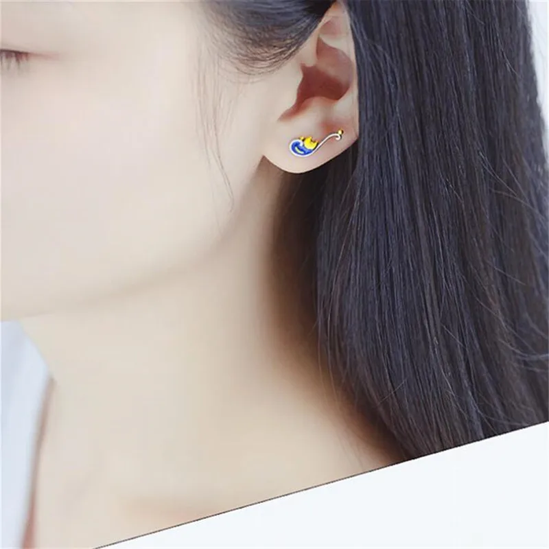New Creative Personality Star Bearded Crescent 925 Sterling Silver Jewelry Simple Mori Epoxy Van Gogh Star Stud Earrings E196