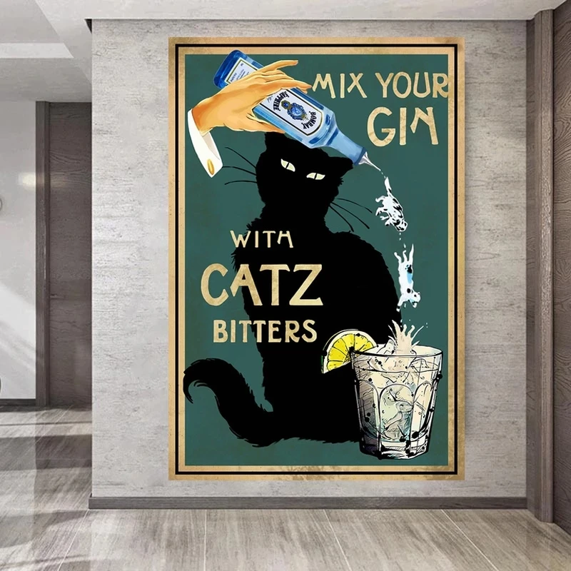 Mix Your Gin with Catz Bitters Black Cat Canvas Painting Posters and Prints Wall Art Pictures for Toilet Wall Decoration Cuadros