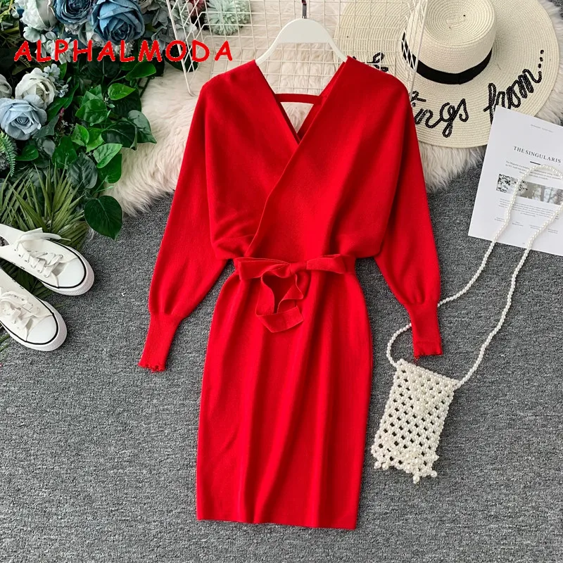 ALPHALMODA-Bat-Sleeve V-Neck Knitted Dress for Female, Retro-Vintage Slim Fit, Autumn and Winter, 2019 New