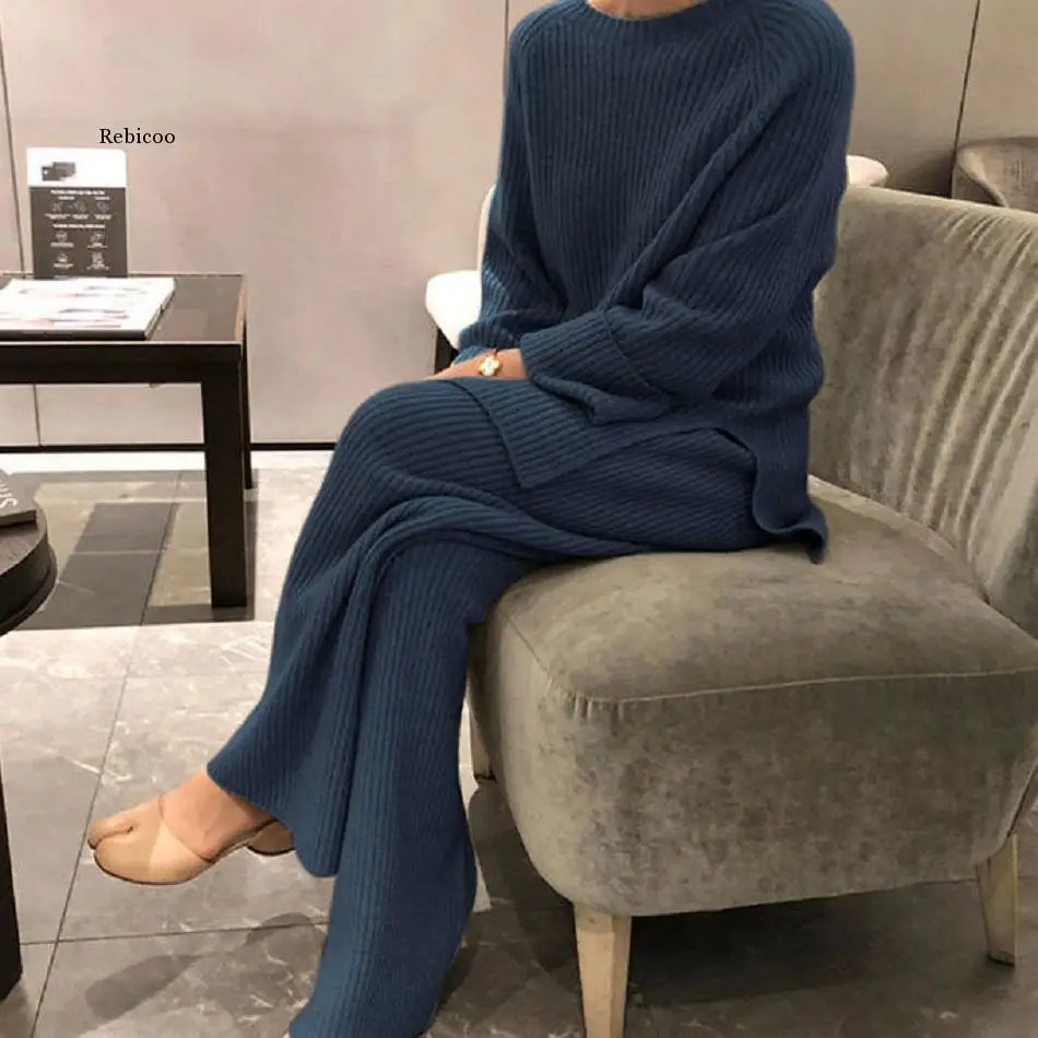 

Pants Suit Fall/winter New Style High Fashion Sweater Sweater Wide Leg Pants Women Set 2 Piece