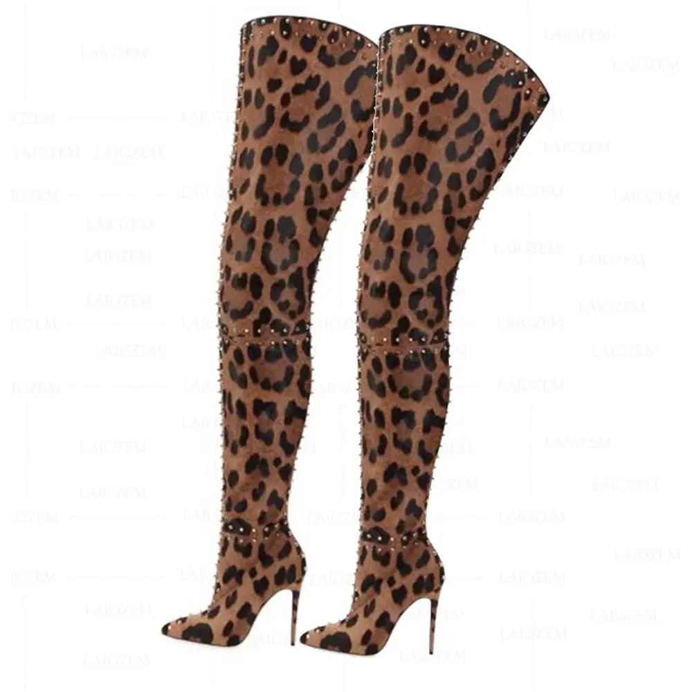 SEIIHEM SEXY Women Crotch High Boots Leopard Studded Back Zip Stiletto Heels Thigh High Boots Shoes Woman Large Size 34 43 44 47