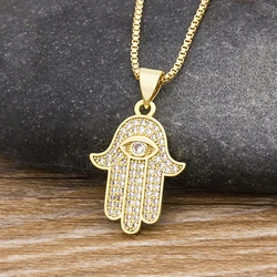 AIBEF Turkish Crystal Evil Eye Hand Palm Hamsa Pendant Necklace For Women Gold Color Jewelry Link Chains Charm Choker Girl Gift