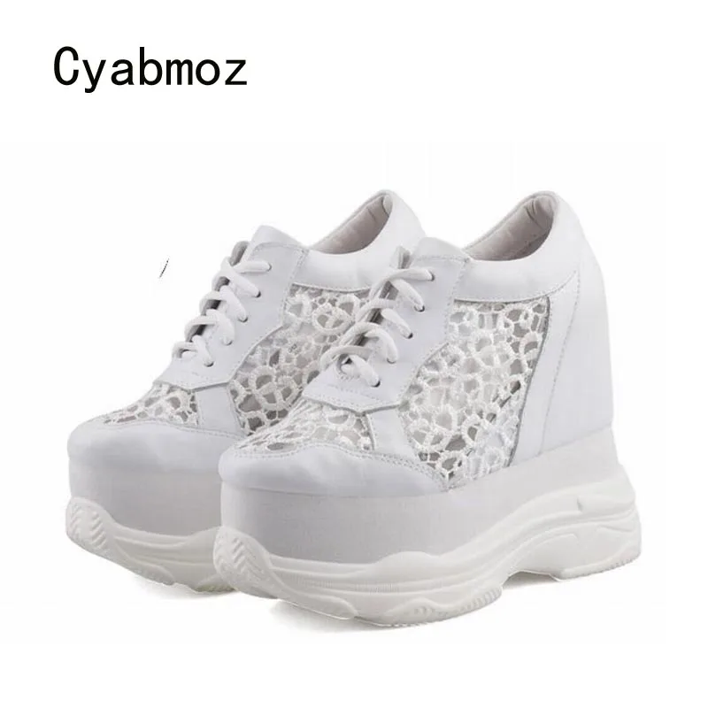 Cyabmoz Height increasing Shoes Woman Sneakers Summer Breathable Hollow Lace Platform Women High heels Pumps Party Ladies Shoes