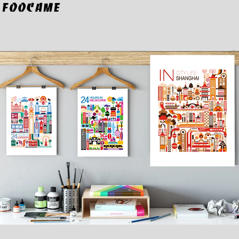 Cityscape London Melbourne Shanghai Poster Art Cartoon Creativity Canvas Painting Home Decor Print Wall Pictures Kids Room