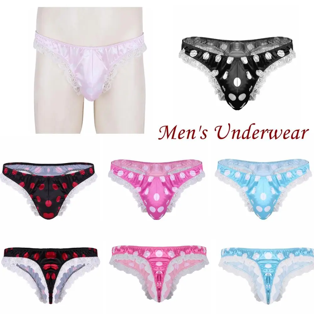 Men\'s Lingerie Sissy Panties Shiny Satin Ruffles Lace Polka Dots G-string Thongs Erotic Underpants Hot Sexy Male Gay Underwear