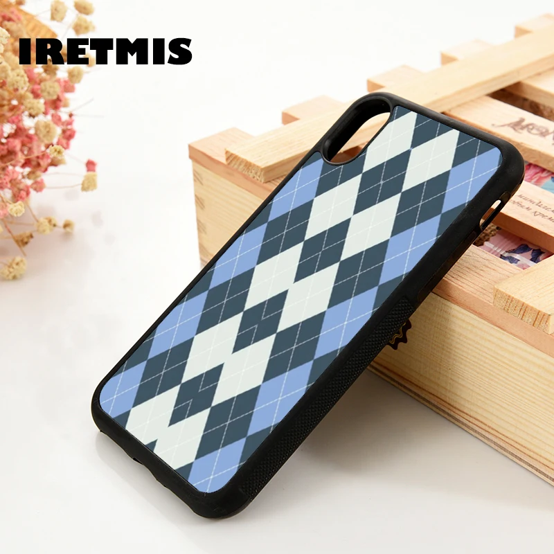 Iretmis 5 5S SE 6 6S TPU Silicone Rubber Phone Case Cover for iPhone 7 8 Plus X Xs 11 12 MINI Pro Max XR GREY & BLUE ARGYLE