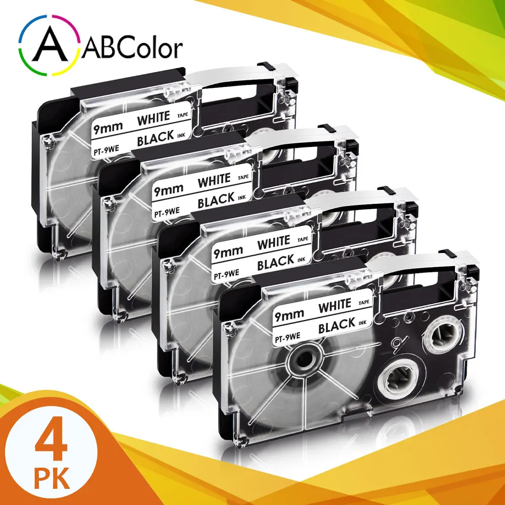 4PK XR-9WE Label Tape Black on White XR-9W Labels 9mm XR-9WE Tape Cartridges High Adhension Printer Ribbon for CASIO Label Maker