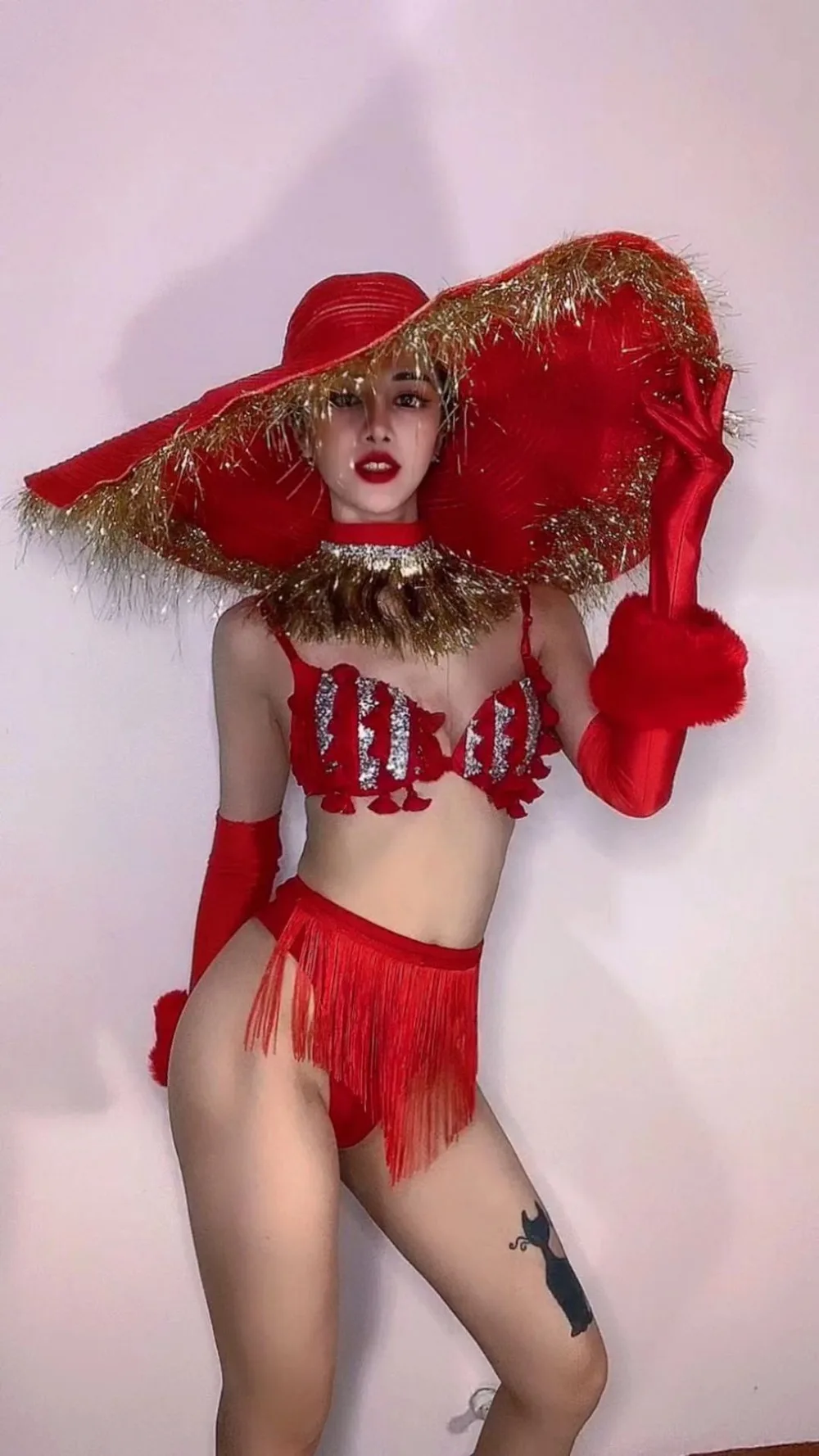 섹시한 레드 비키니, 나이트클럽 바, 무대 댄스 공연, 코스튬 파티, 소녀 댄서 쇼 웨어