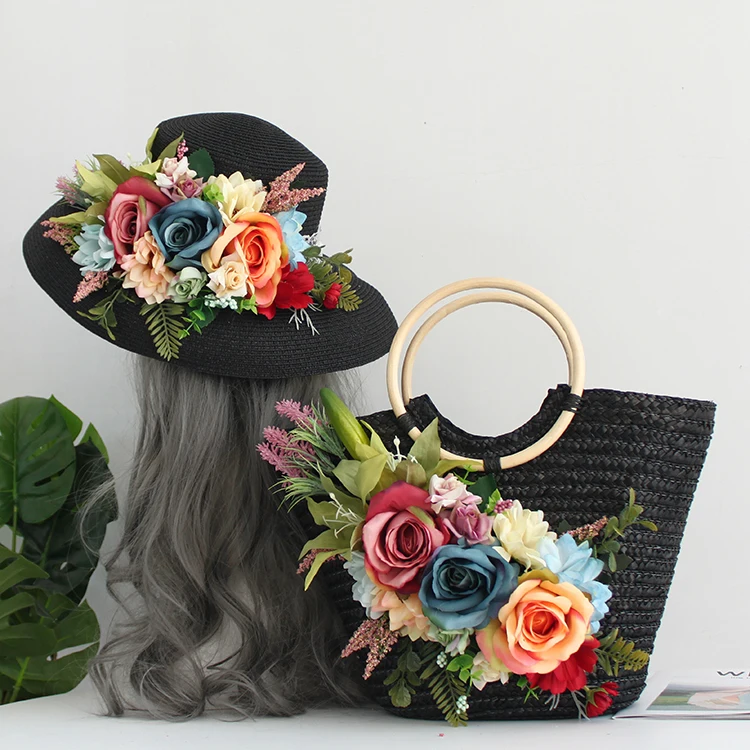 Multicolor Artificial Flowers Lace Rattan Handbag Bohemia Weave Straw Casual Tote Women Fashion Summer Beach Bag and Hat Suit