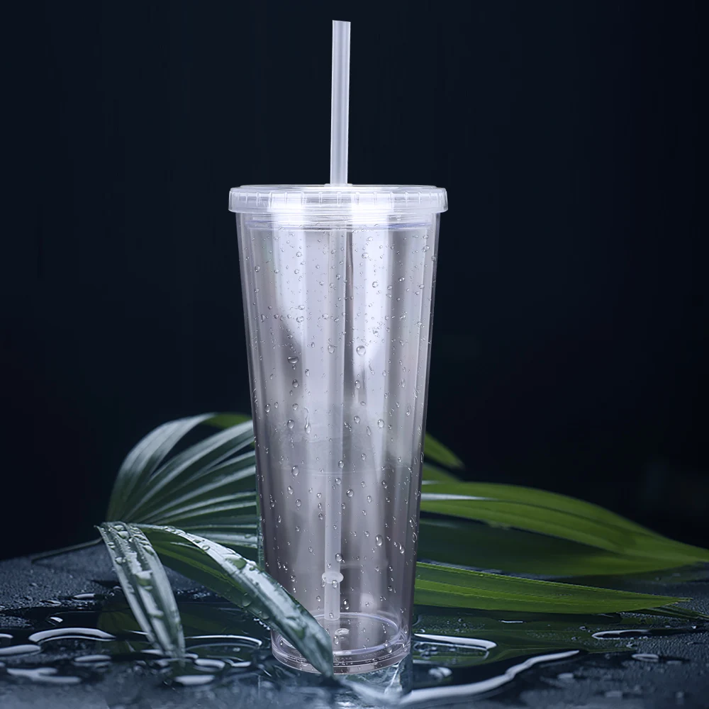 Reusable Drinking Cup Straw Cup With Lid Double-layer Plastic Tumbler Transparent Tea Fruit Coffee Mugs DIY Outdoor Sport Bottle