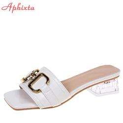 Aphixta 2022 fibbia in metallo 3.5cm tacchi quadrati trasparenti scivoli donna Peep Toe muli Cool pantofole estive sandali scarpe eleganti