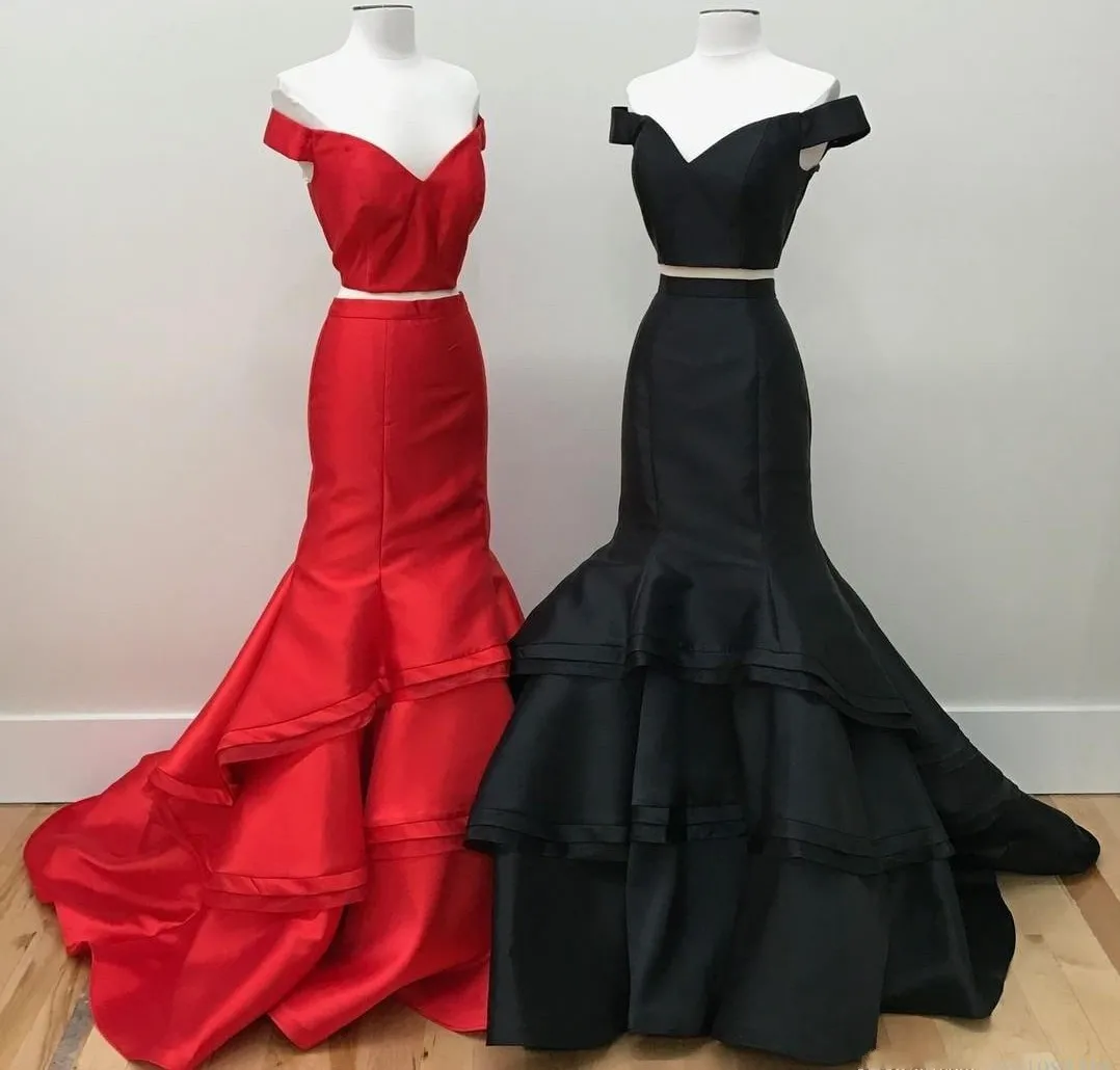 Popular Tiered Satin Sweep Train Prom Dresses 2021 Two Piece Mermaid Off the Shoulder Evening Formal Gowns Special Occasion