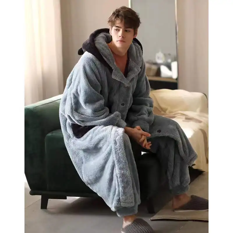 Coral Fleece Nightgown Men\'s Winter Plus Size Nightgown Suit Thicken Warm Bathrobe Fashion Male Pajama Set Robes Sets