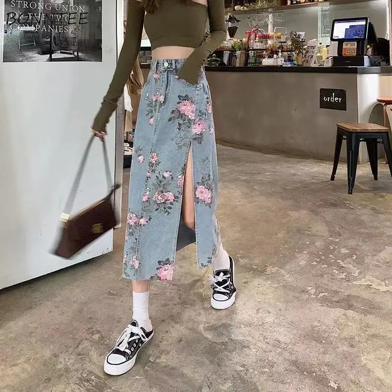 Spódnice damskie kwiatowy rozcięcie boczne Design Streetwear letnia odzież damska kieszenie w kształcie litery a stylowy najnowszy elegancki Denim Tender Romantic