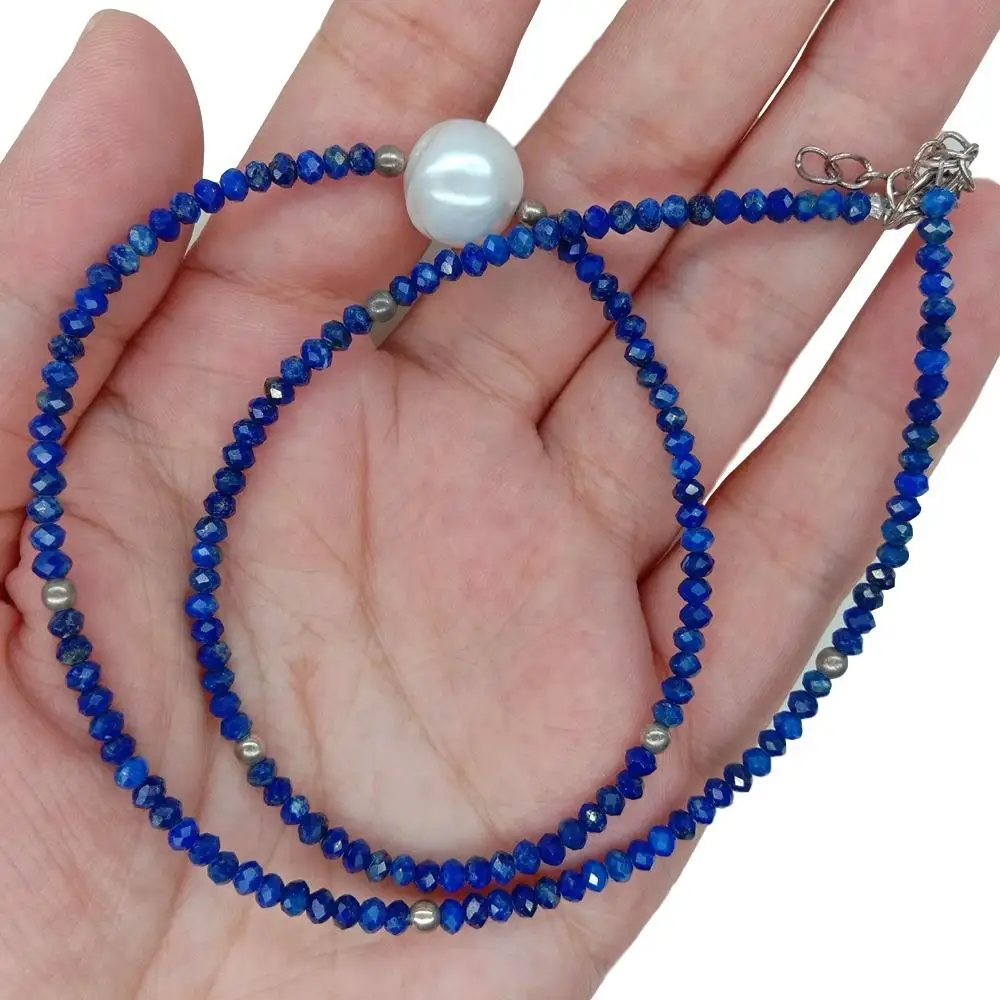 

kkGEM Natural 2x3mm Blue Lapis Lazuli Cultured 11x12mm White Pearl Necklace 17''