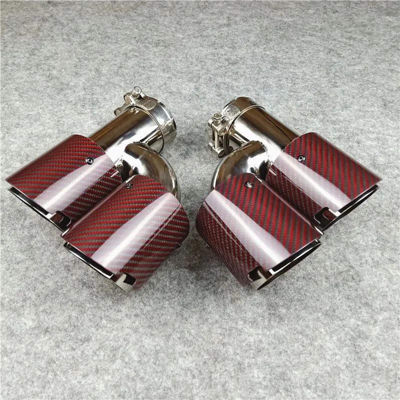 1 Pair H Style Carbon Fiber For Akrapovic Exhausts Pipe Red Carbon Fiber Stainless Steel Exhaust Systems Four Slots Muffler Tip