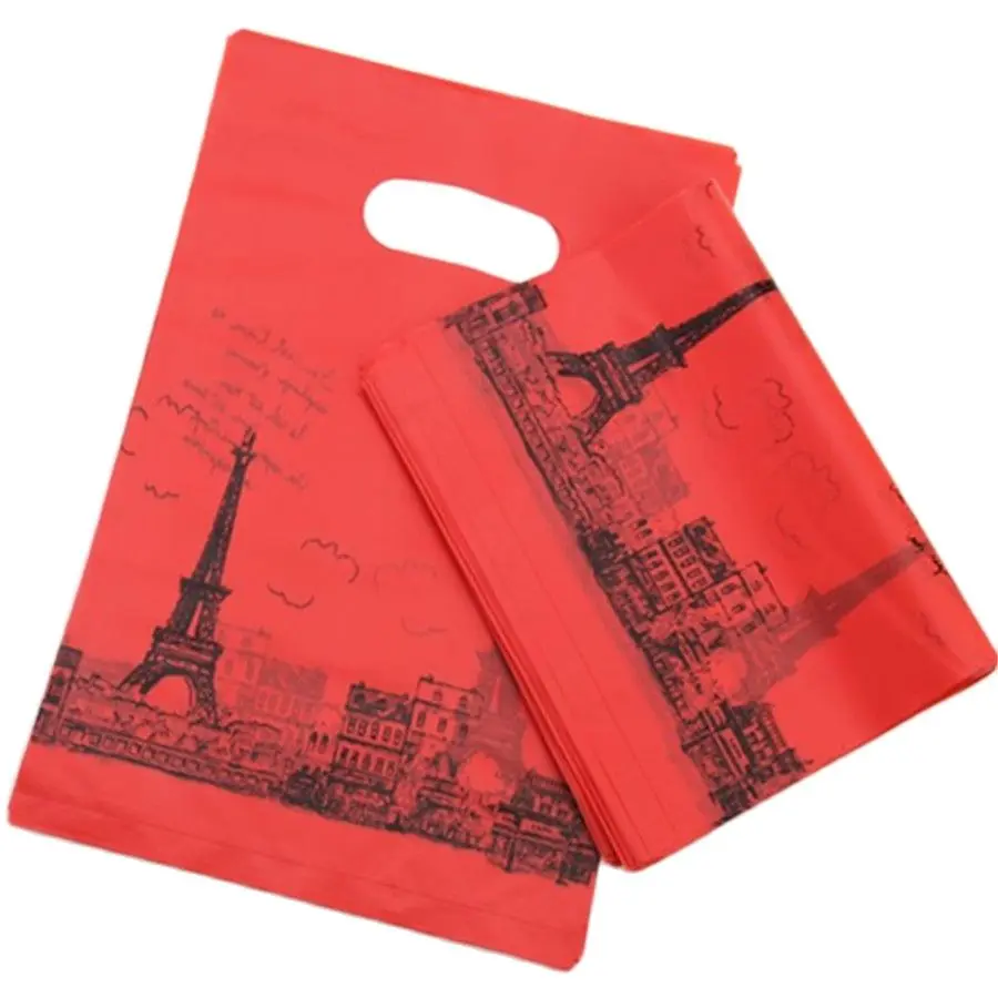 

Новый стиль оптовая продажа 100 шт./лот 25*35 см роскошные модные красные Упаковочные пакеты с Эйфелевой башней пластиковые новогодние подарочные пакеты