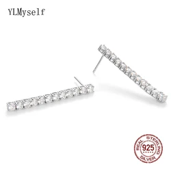 Real Sterling Silver Tennis Earrings 3mm Round Cubic Zirconia 38mm Dangle Design Solid 925 Metal Jewelry