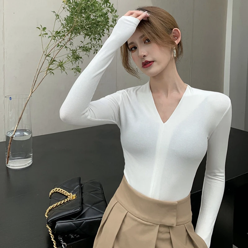 AOSSVIAO V Neck Long Sleeve Shirt Women Ribbed Sexy Tops 2024 Autumn Black Casual Skinny Slim Basic Woman T Shirts White