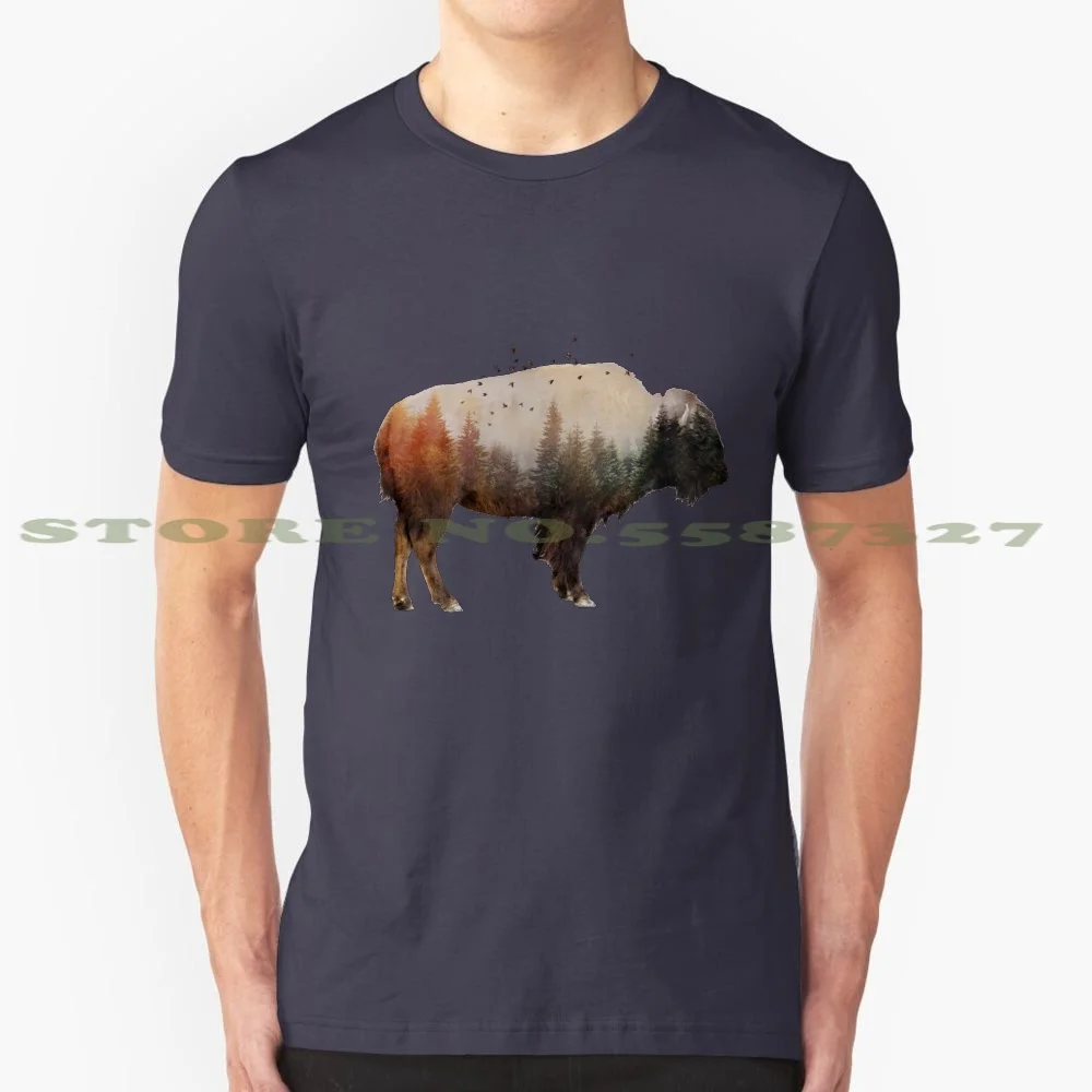 Bison 100% Cotton T-Shirt Abstract Concept Bison Animal Creative Landscape Nature Bird Wild Life Fly