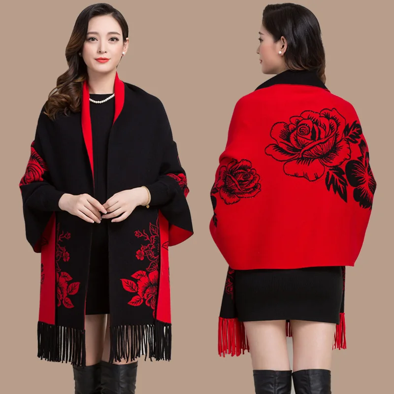 Women Long Batwing Sleeves Cape Outstreet Wear Winter Knitted Printed Floral Warm Poncho Vintage Tassel Knitwear Shawl Overcoat