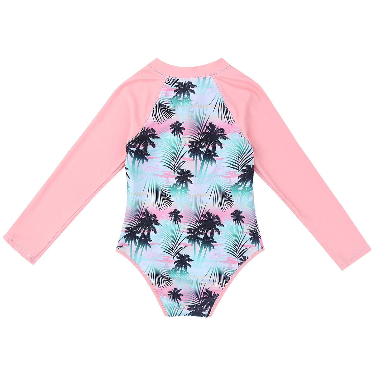 Kids Girls One Piece Surfing Swimsuit Beachwear Rash Guard Long Sleeves Palm Printed Zippered Swimming Bathing Suit Swimwear