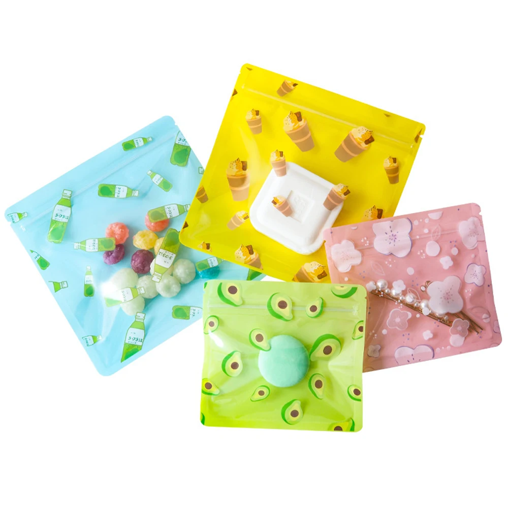 100Pcs Cartoon Printing Clear Plastic Bag Zip Lock Tear Notch Candy Biscuits Peanut Tea Waterproof Reclosable Storage Pouches