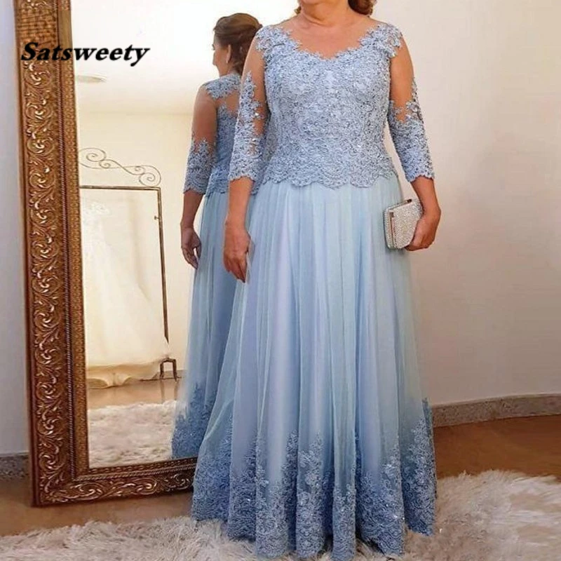 Blu Plus Size sera madre della sposa abiti a-line 3/4 maniche Tulle Appliques sposo abiti lunghi per la madre per matrimoni