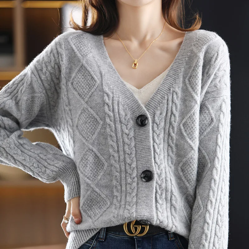 Winter 100%Pure Cashmere Cardigan Women\'s Plus Size Sweater 2021 New V-Neck Twist Coat Wool Knit Thick Warm Shirt Female Jacket