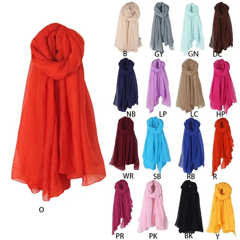 1pc Women Solid Color Long Scarf Wrap Vintage Cotton Linen Large Shawl Hijab Elegant