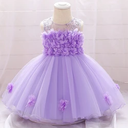 Purple Newborn Baptism Dress For Baby Girl White 6M 24M First Birthday Party Wear Cute Sleeveless Toddler Girl Christening Gown