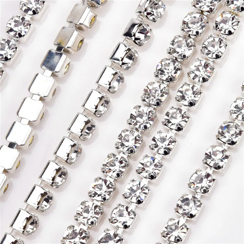 10Yards/Roll Clear Crystal Diamond Chains SS6-SS28(2Mm-6Mm) Silver/Gold Base Rhinestone Chain Apparel Sew DIY Beauty Accessories