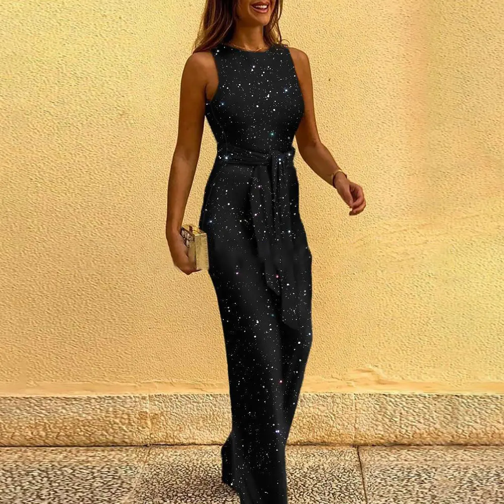 Women Elegant Sleeveless Sequin Glitter Shiny Jumpsuit Trousers Wide Leg Pants Sexy Slim Fit Backless Jumpsuit Romper Overalls