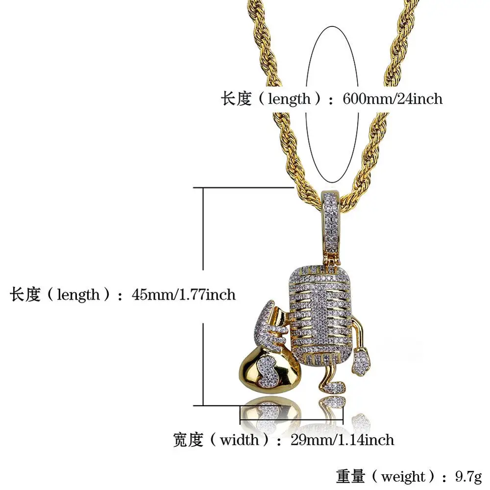Hip Hop AAA Cubic Zirconia Bling Iced Out Dollar Money Bag Microphone Pendants Necklace for Men Rapper Jewelry Drop Shipping