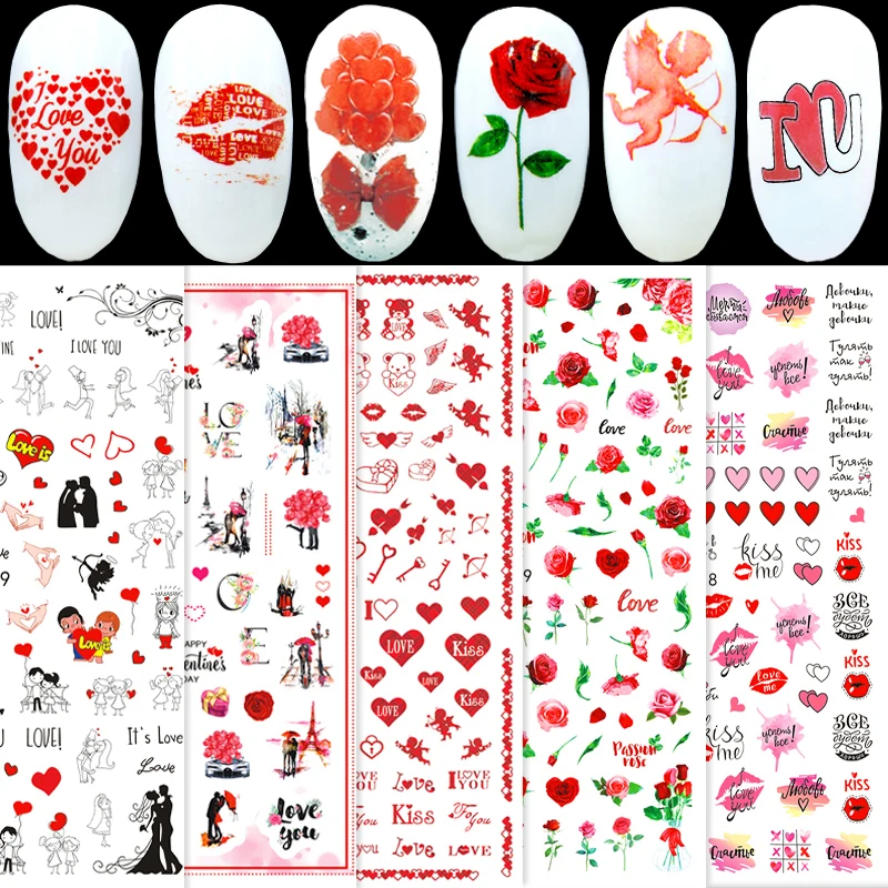 2PCS Valentines Nail Art Stickers Love Letter Rose Flower Design Decals For Nails Decoration Manicure Decor Supplies Materials