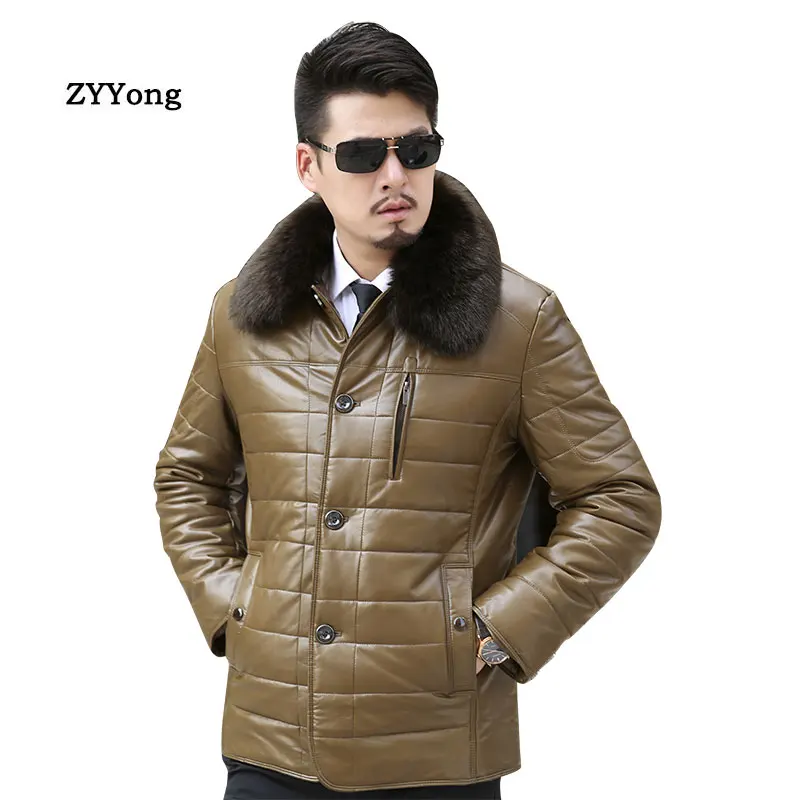 

Winter Long Fleece Fur Collar Thin Leather Jacket Men Parka Coat Overcoat Windproof Warm PU Fashion Casual Outwear Windbreaker