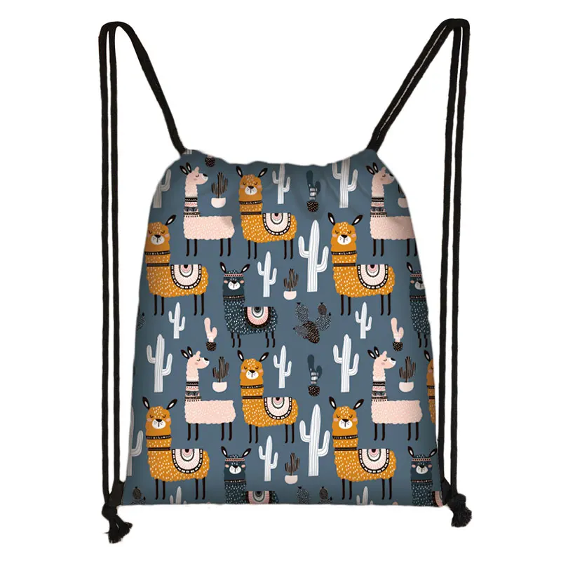 Cute Animal  alpaca Print Drawstring Bag Ladies Storage Bag Women Fashion Shopping Bags Boys Girls Bookbag Kids Candy Bag