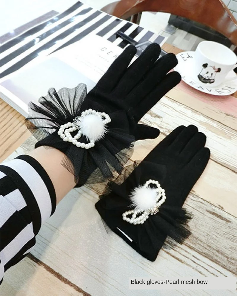 

Women's Autumn and Winter Cashmere Gloves Korean Fashion Touch Screen Gloves Women's Net Yarn Pearl Bow Finger Gloves