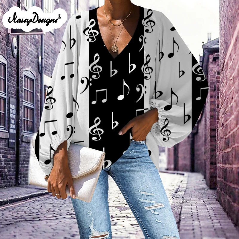 Noisydesigns 4XL Lady Large Size Blouse Musical Notes Print Women Blouse Casual Loose Long Sleeve Shirt Tops V-neck Dropshipping