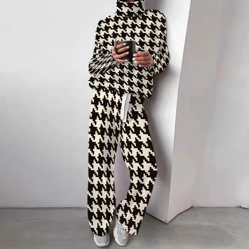 Women Retro Tracksuit Casual Printed Two Piece Sets Lady Long Sleeve Turtleneck Matching Suit Loose Elastic Waist Trousers 2 PCS