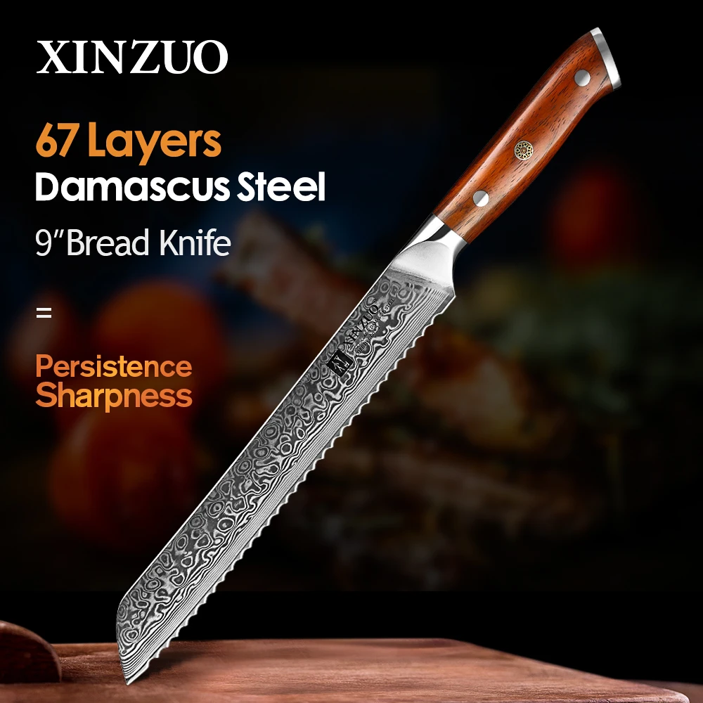 XINZUO  9'' Inch Serrated Bread Knife Damascus Steel Rosewood Handle Kitchen Knives Brand High Quality Cake Knife Cooking Tools