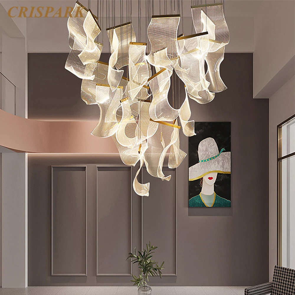 

Modern Luxury Chandelier Lighting LED Gold Stairs Pendant Light Nordic Acrylic Living Room Chandelier Lamp Art Deco Loft Light