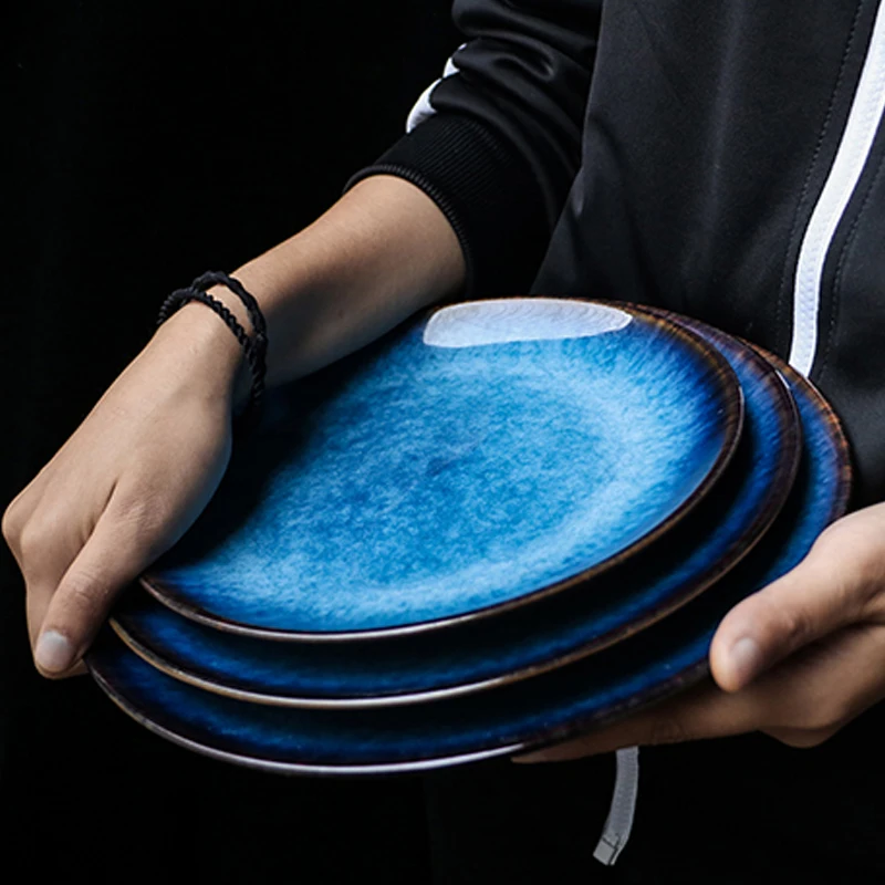 Nordic Ceramic Tableware Household Creative Ceramic Plate Blue Tray Tableware Retro Steak Western Fruit Plate High-end Tableware