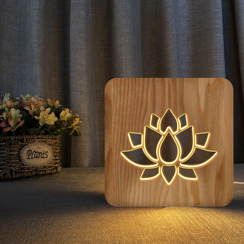 Acecorner LED USB Đèn Ngủ Gỗ Sen Cây Dừa Vật Có Đèn Mới Lạ Kid Phòng Ngủ 3D Bàn Trang Trí Đèn Trẻ Em Quà Tặng