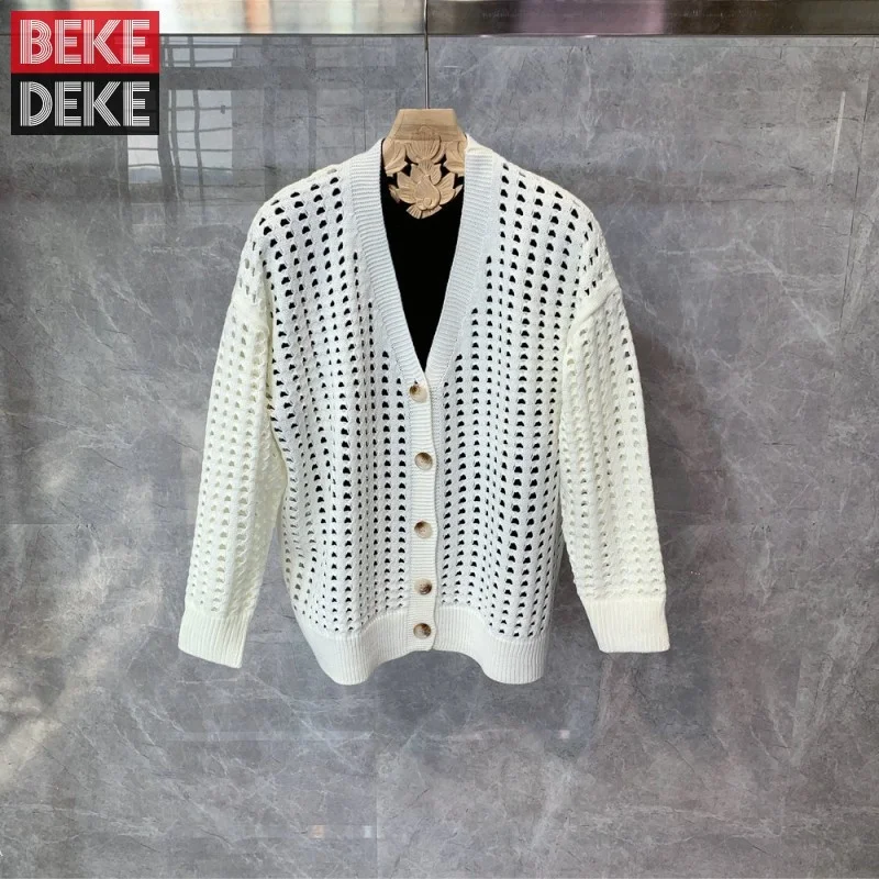 

Mens Spring Knit Cardigan Jacket Design Hollow Out White Single Breasted Sweater Tops V Neck Long Sleeve Casual Outwear Sweaters