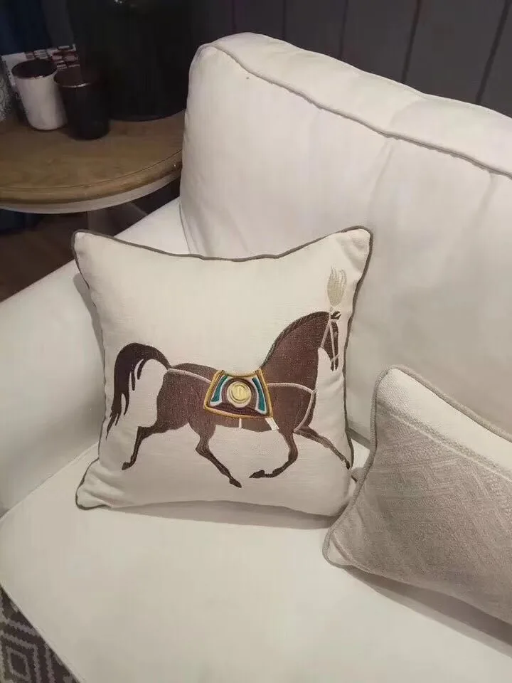 Modern Cotton Embroidery Horse Luxury Decorative Pillow Case White Canvas Sofa Chair Cushion Cover 45x45cm 1pc/lot