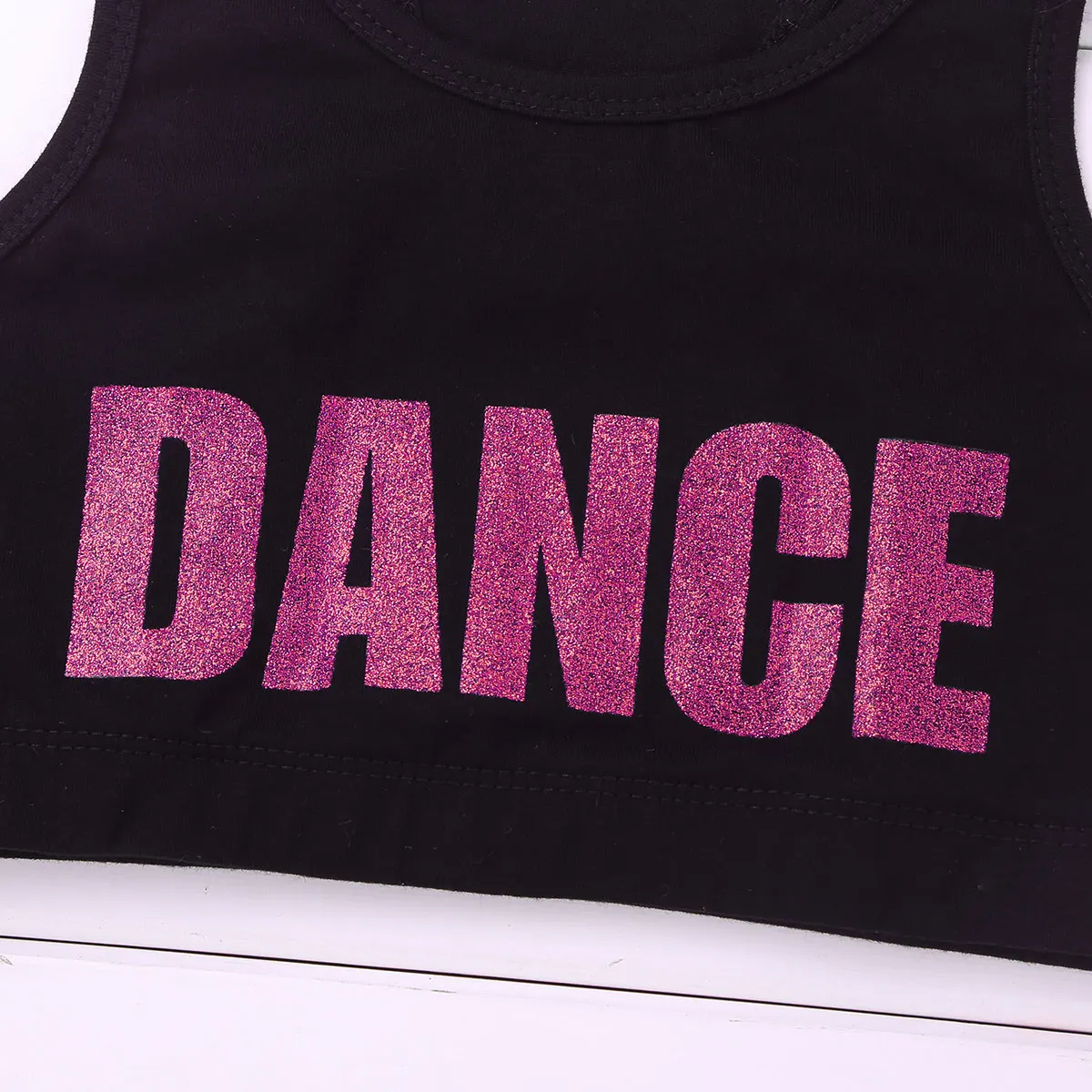 Kids Girls Sleeveless Racer Back Shiny Letters DANCE Printed Crop Top Sports Gymnastics Ballet Tops Stage Performance Costume