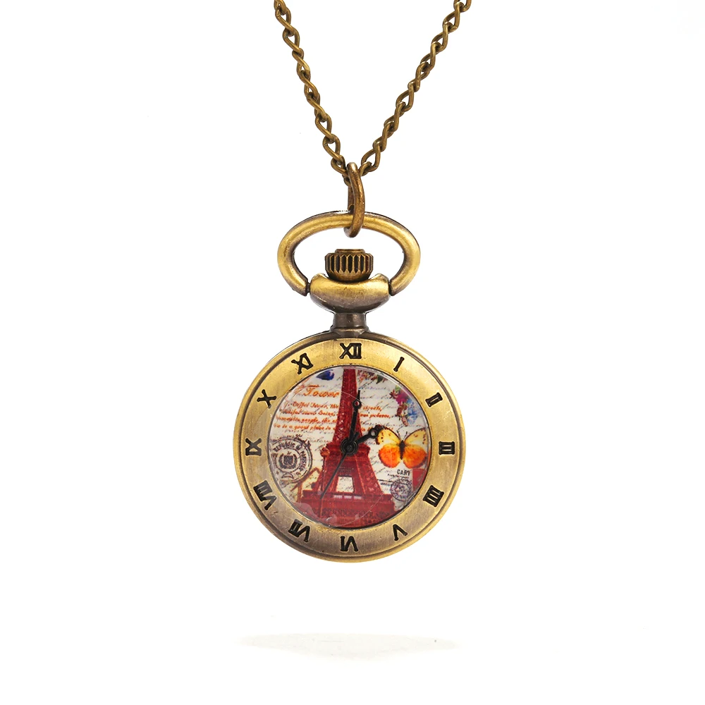 8894   Large bronze Paris Tower Roman scale pocket watch personality creative retro gift quartz pocket watch with necklace